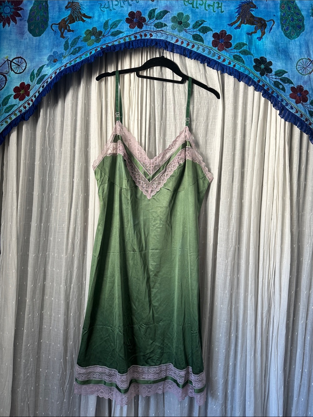 Vintage Green Slip Chemise with Pink Lace Trim
